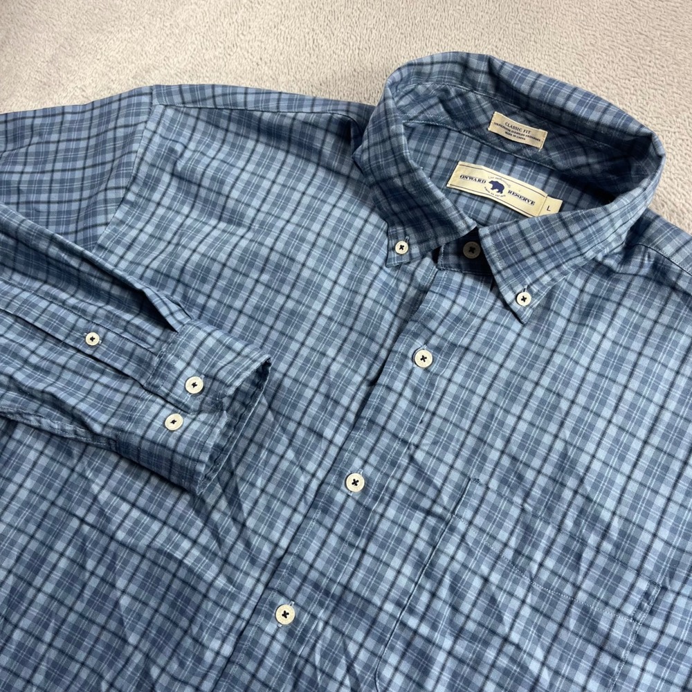Onward Reserve Mens Large Blue Plaid Performance Long Sleeve Button Down Shirt